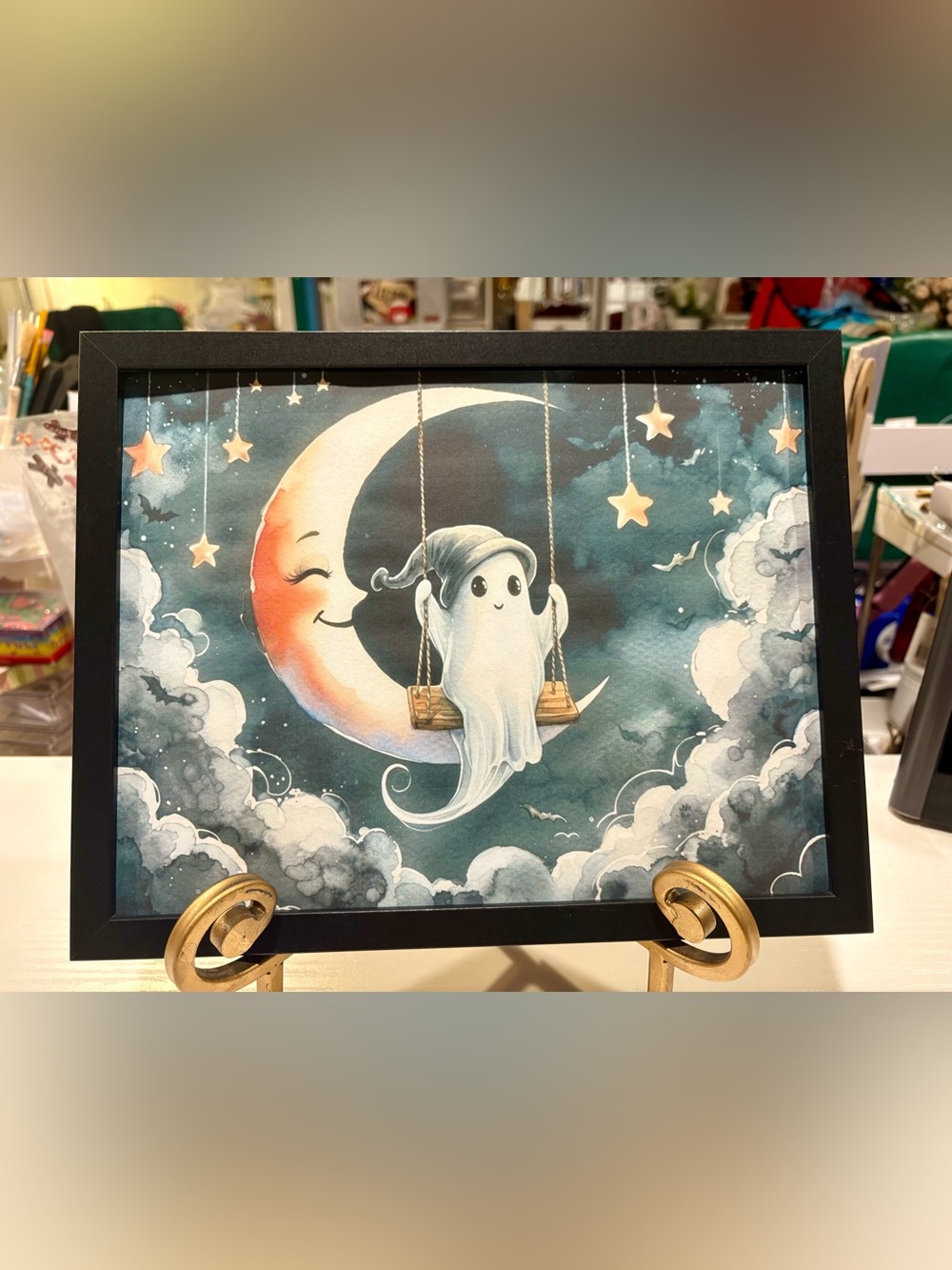 Moonlit Ghost Framed 8x10 Art Print - Whimsical Blue Wall Decor